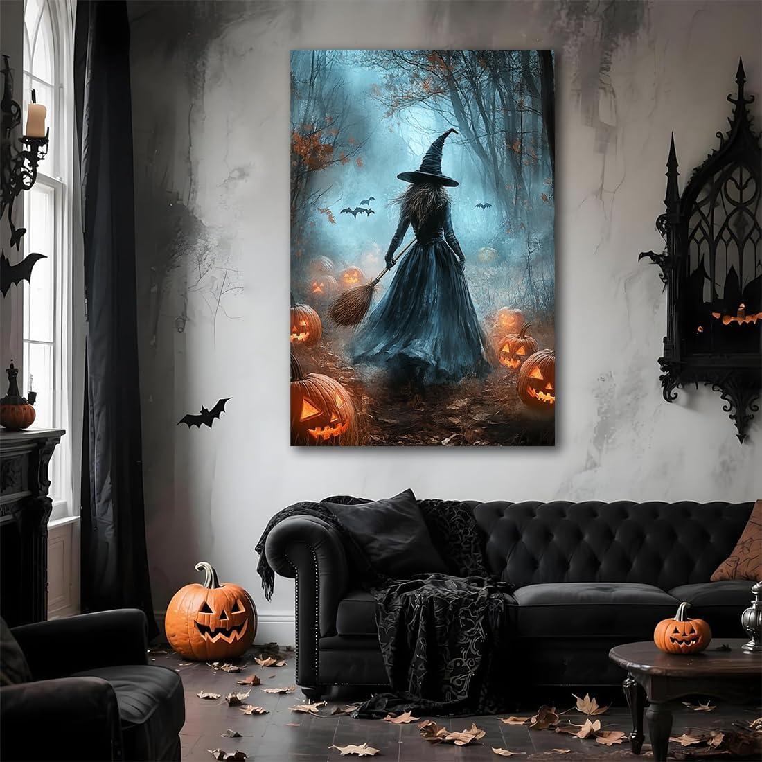 Vintage Moody Halloween Witch Artwork Wall Decor,Spooky Halloween Gothic Canvas Artwork Creepy Horror Witch with A Broom Pumpkin Bats Rustic Forest Picture,Dark Academia Poster,8"x12" Framed