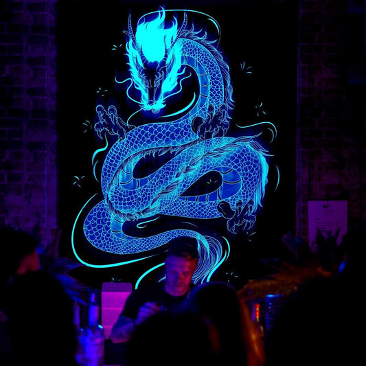 QGHOT Blacklight Dragon Tapestry Wall Hanging Cool Japanese Black Light Glow in the Dark Dragon Backdrop Uv Viking Tapestry for Boys Bedroom Mens Room Wall Deocr 90"x70"