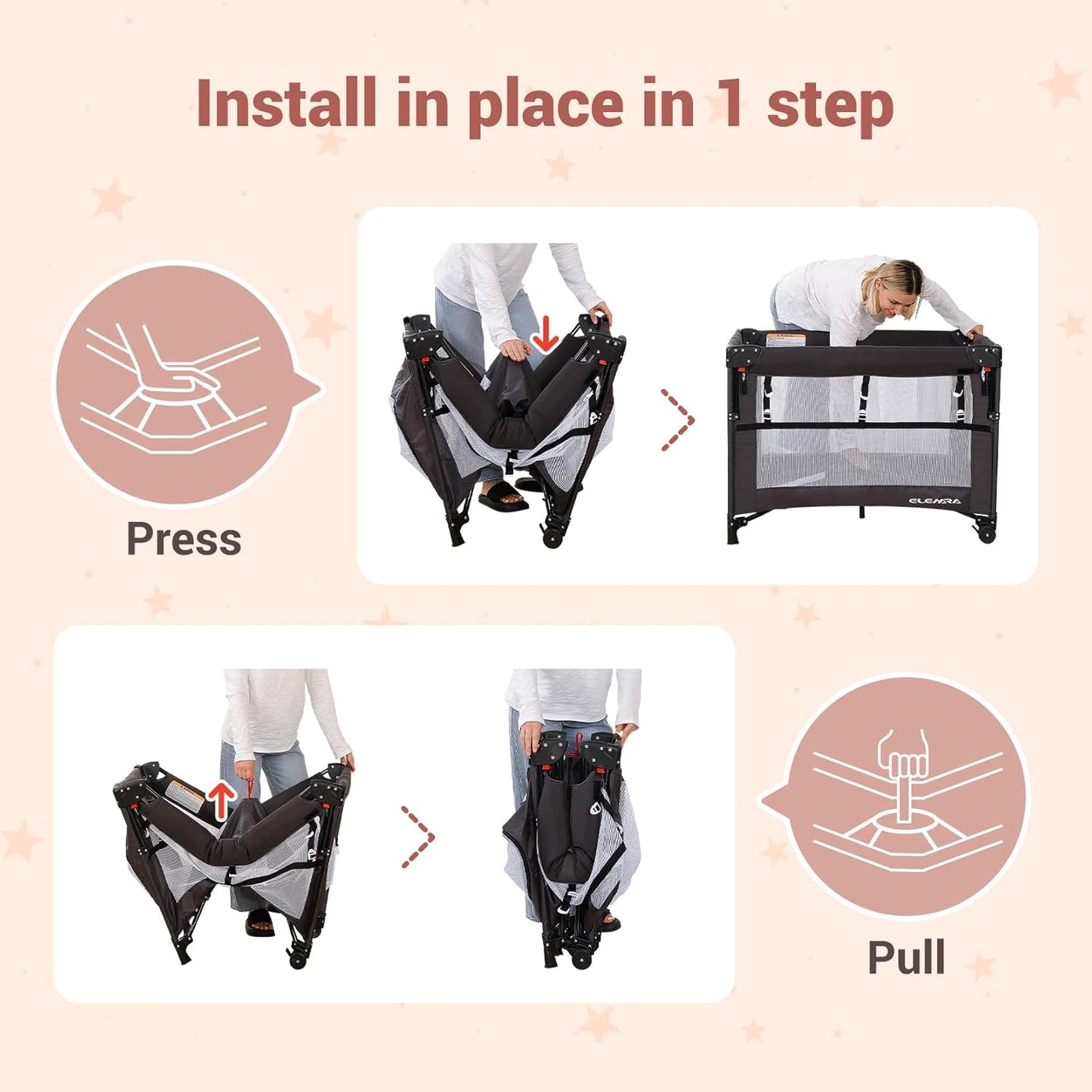 ELEMARA 5 in 1 Pack and Play, Adjustable Baby Bedside Bassinet Sleeper,1-Second Setup Foldable Playard from Newborn to Toddles,Bedside Crib with Changing Table,Portable Travel Bassinet,Ziper Door,Gray
