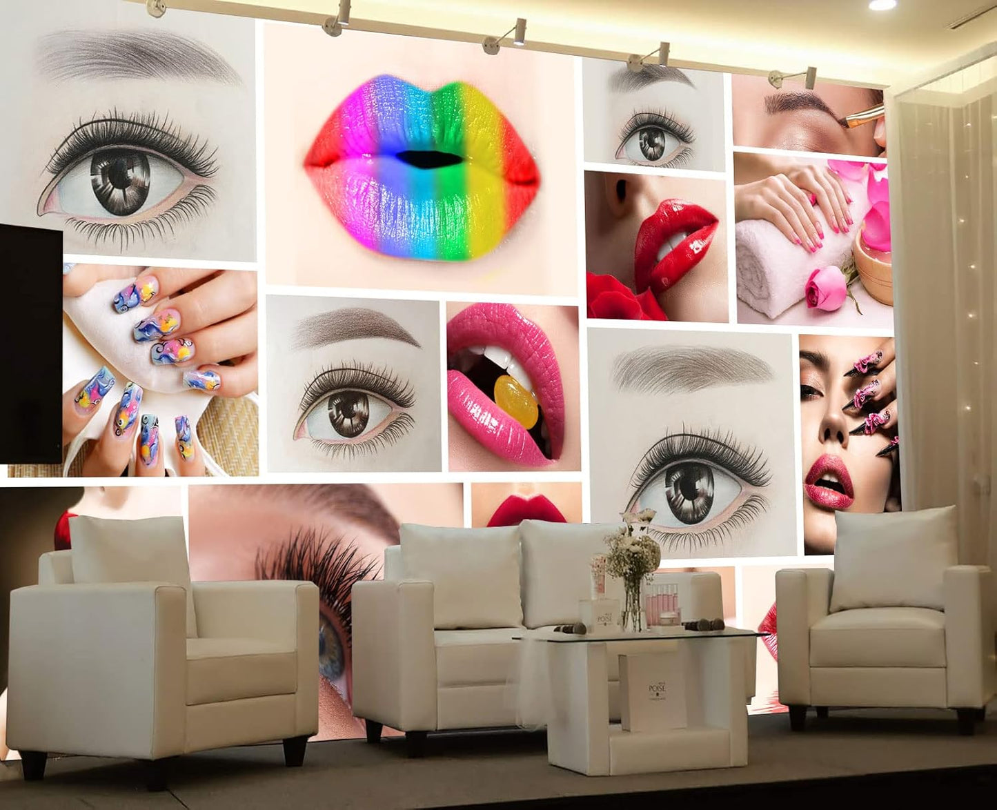 Beauty Salon Nail Enhancement Lipstick Eyelashes Wall Mural Wallpaper 103" x 69"