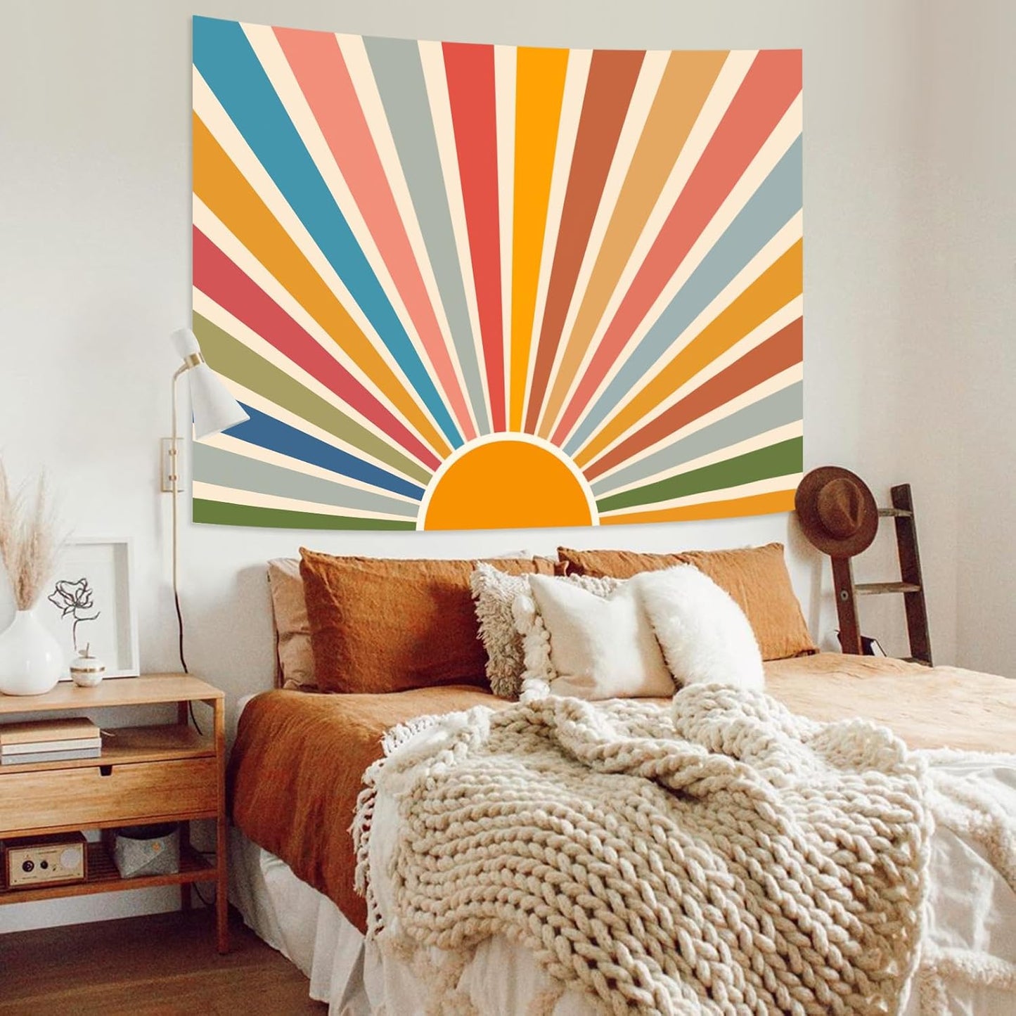 Kanuyee Boho Burning Sun Tapestry Wall Hanging, Retro 70s Abstract Vintage Geometric Rainbow Sunrise Tapestries for Bedroom Living Room Backdrop 36×48 inch