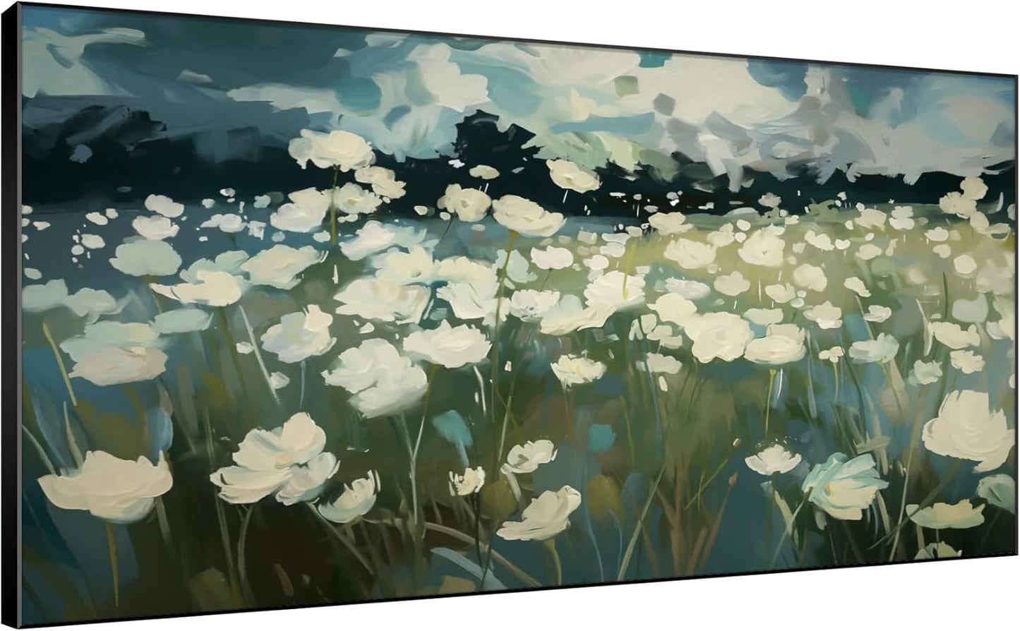 SIGNWIN 36"x72" Extra Large Framed Wall Art White Wildflower Field in Impressionist Style, Soft Floral Landscape for Home Living Room Bedroom Decor (Frame Assembly Required)