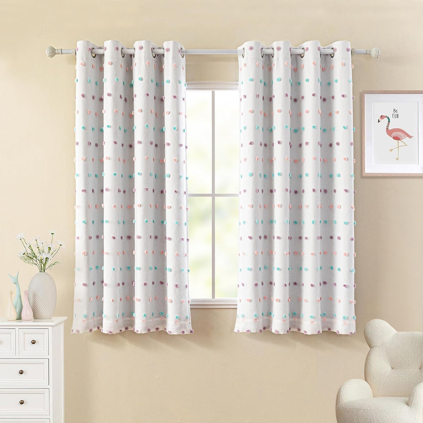 MYSKY HOME Total Blackout Curtains for Kids Bedroom Nursery Curtains 100% Light Block Doubled Curtains with Rainbow Pom Pom Sheer Window Drapes for Kitchen Room Darkening Grommet Set of 2, 52 x 63 in