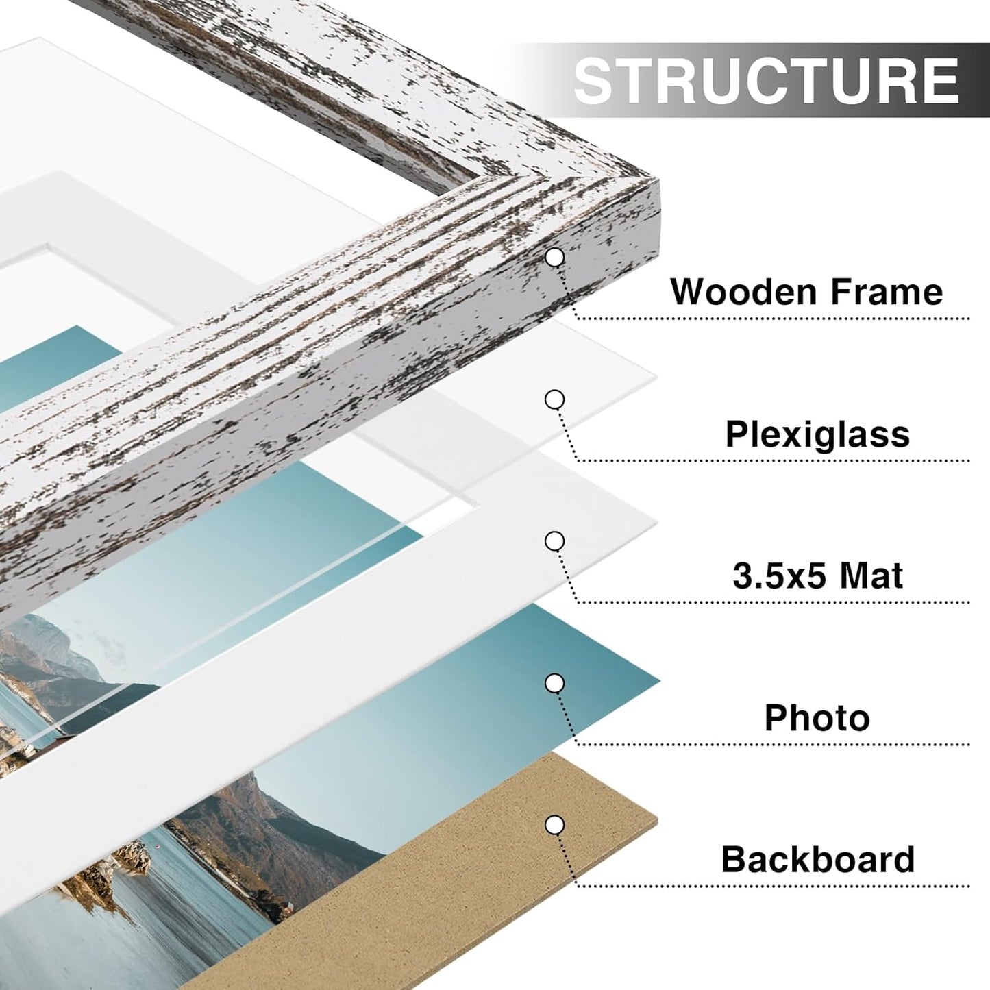 Vittanly 4x6 Picture Frames Set of 9, Shatter Resistant Plexiglass, Display 3.5x5 Pictures with Mat or 4x6 without Mat, Photo Frames for Wall or Tabletop, Engineered Wood, Distressed White