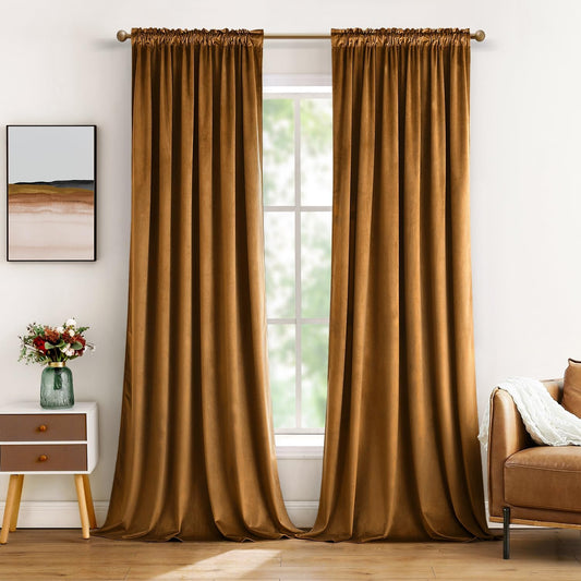 MIULEE Golden Brown Velvet Curtains Thermal Insulated Blackout Curtain Drapes for Bedroom Living Room Darkening 90 Inches Long Curtains Panels Rod Pocket Set of 2