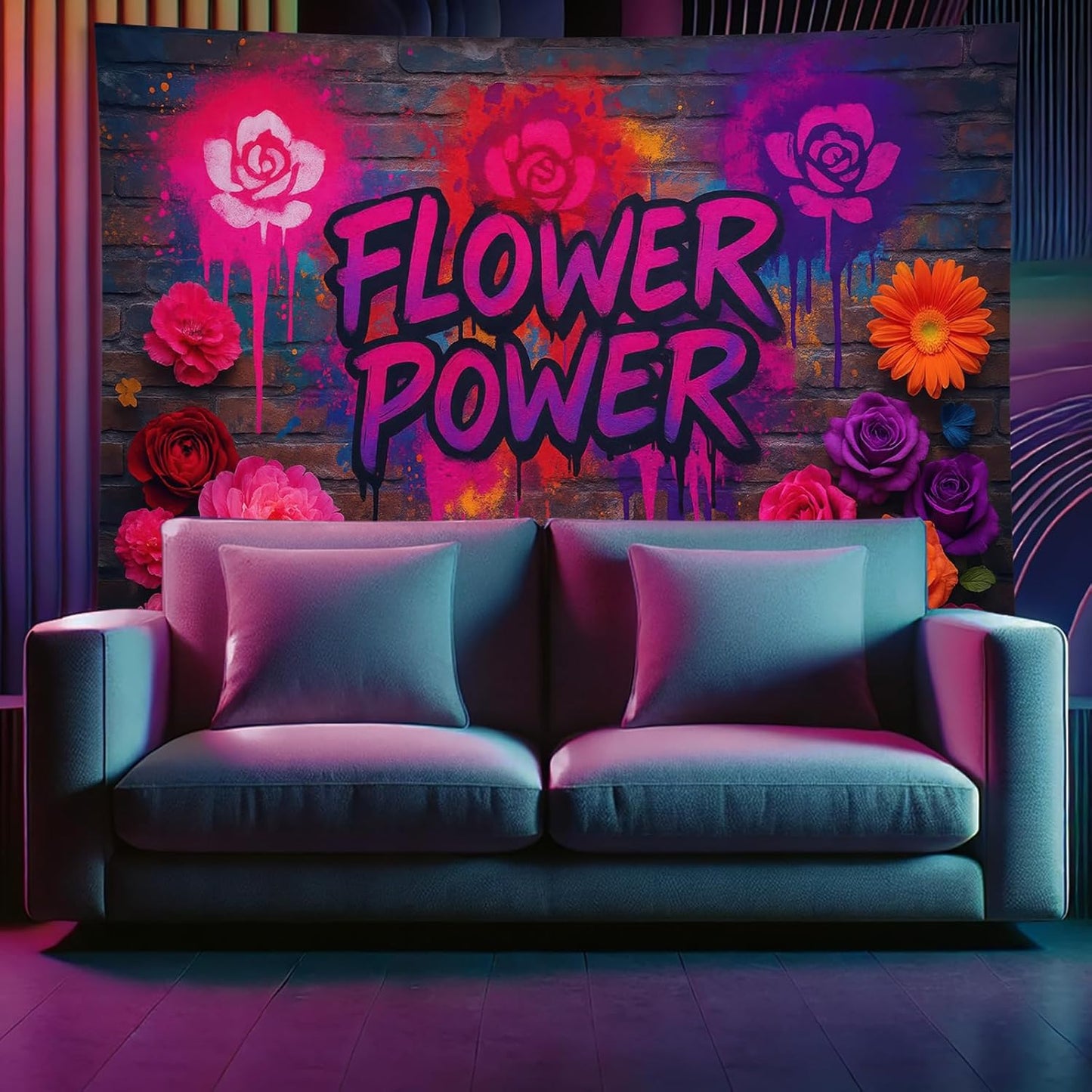Starlit Patio Flower Power Blacklight Tapestry UV Reactive Wall Hanging Graffiti Brick Wall Roses Spray for Bedroom Dorm Living Room Glowing Retro Aesthetic Decor Fluorescent Trippy Poster 78 x 59 Inc