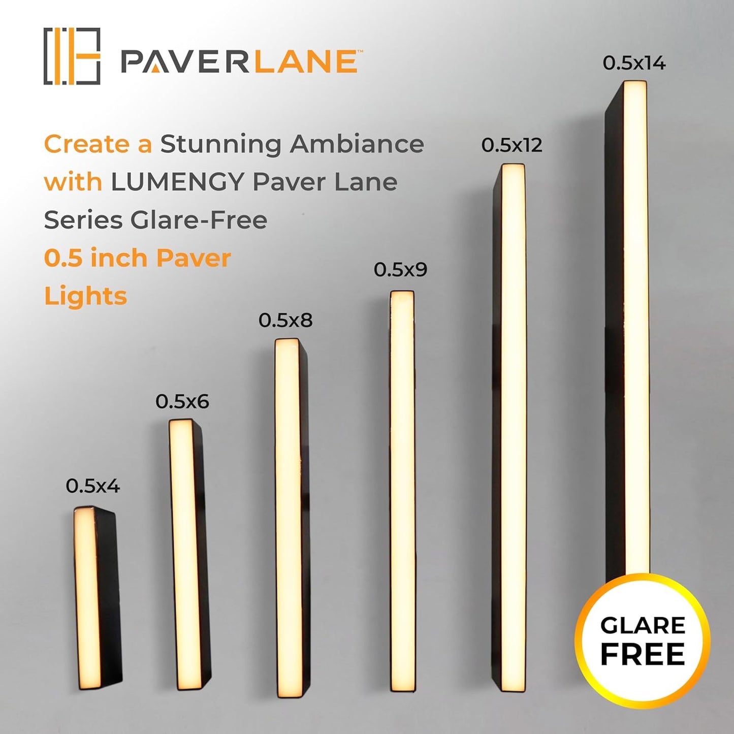 LUMENGY Paver Light Slim 0.5x18 Inch Glare-Free 2700K Warm White, Steel Brick Lighting for Pavers, Walls, Driveway & Pathway Borders, Waterproof IP67, 12V AC/DC Drive-Over Rated