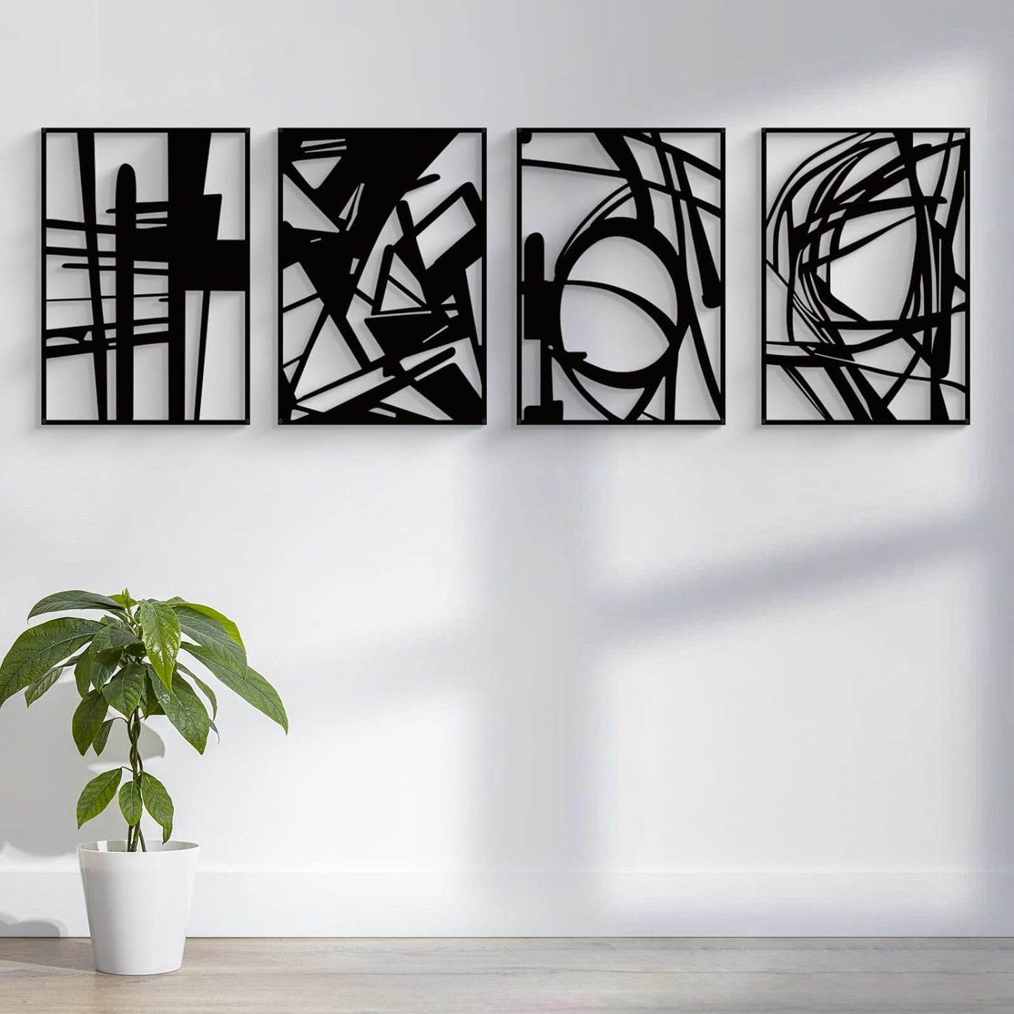 Glamativity 4 Pack Black Abstract Metal Wall Art, Minimalist Décor Single Line Art Wall Décor, 3D Textured Metal Wall Sculptures, for Living Room Bedroom Bathroom Study Room (Black Abstract, M Size 16 x 11'')
