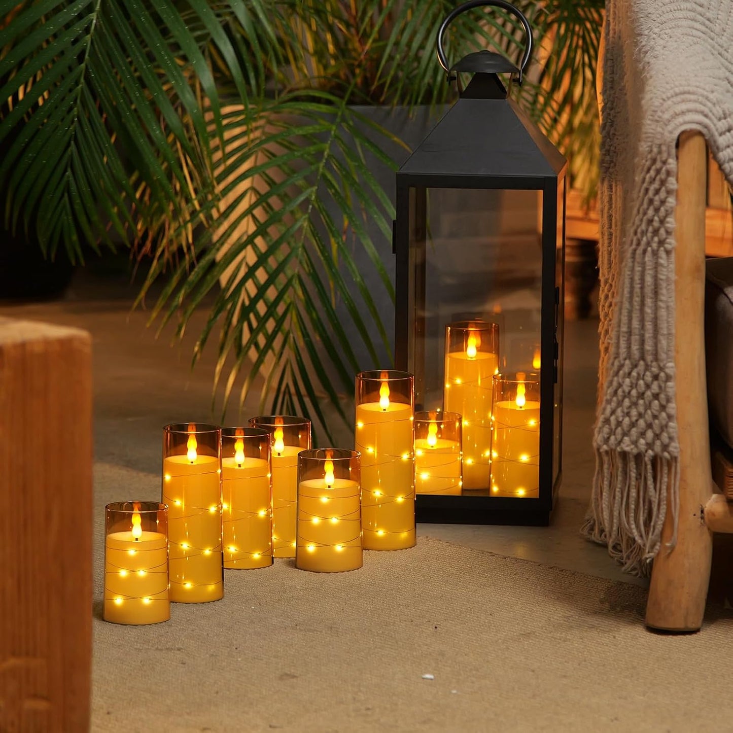 Homemory 9 Pcs Flameless Candles with Embedded Star String Fairy Lights, Battery Operated Candles, LED Candle, Fake Candles with Remote Control and Timer (Gold)