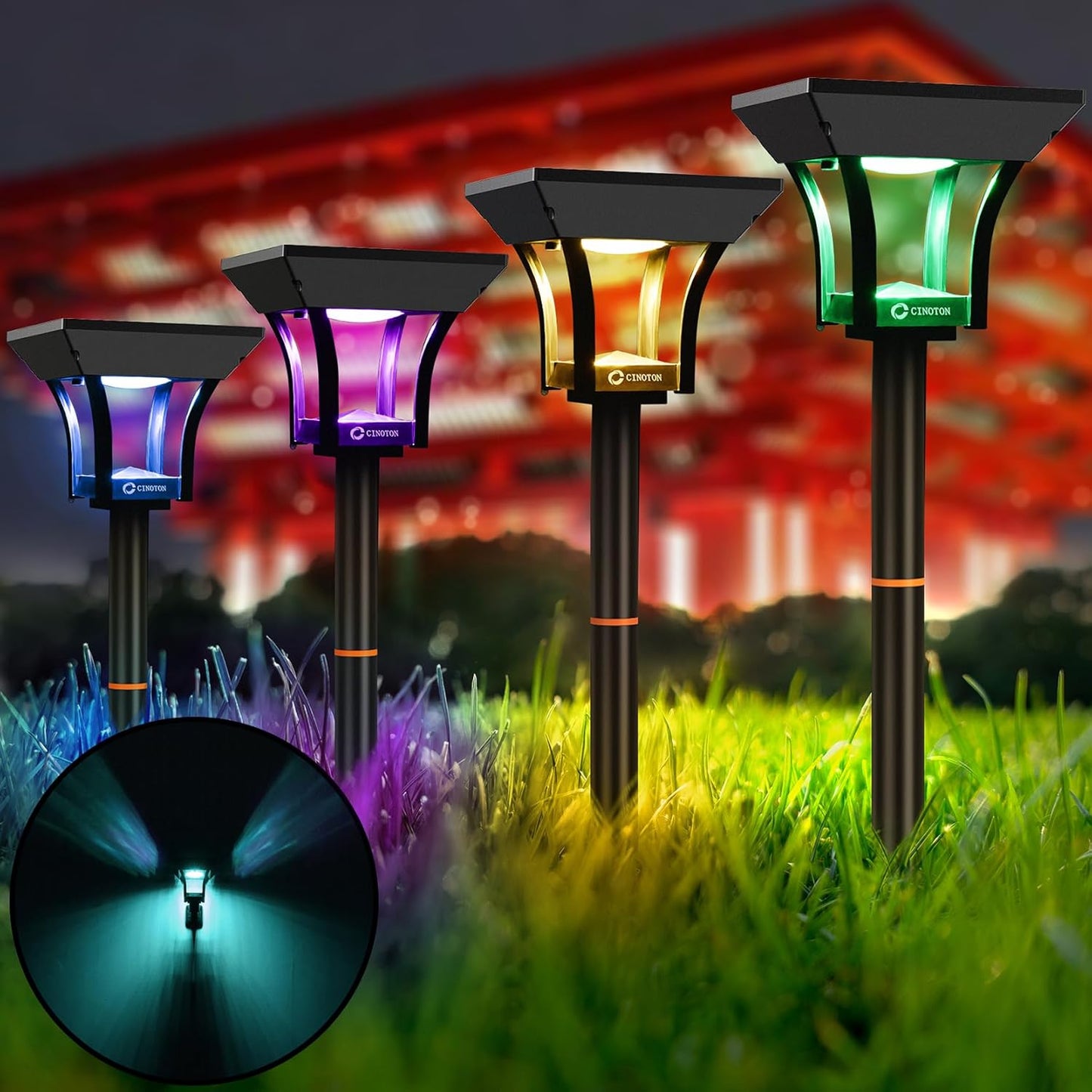 CINOTON RGBW Solar Landscape Pathway Outdoor Lights with 3 Lighting Modes, IP65 Waterproof LED Solar Powered Wall Lights for Garden Yard Lawn Path Driveway Pool Backyard Warm White & Multicolor 4 Pack