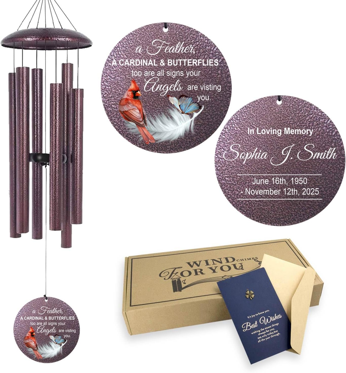 ASTARIN Custom Cardinal Wind Chimes for Loss of Lover Mom Dad, Butterfly Wind Chime Memorial Sympathy Gifts for Remembrance, Windchimes in Memory of a Loved One