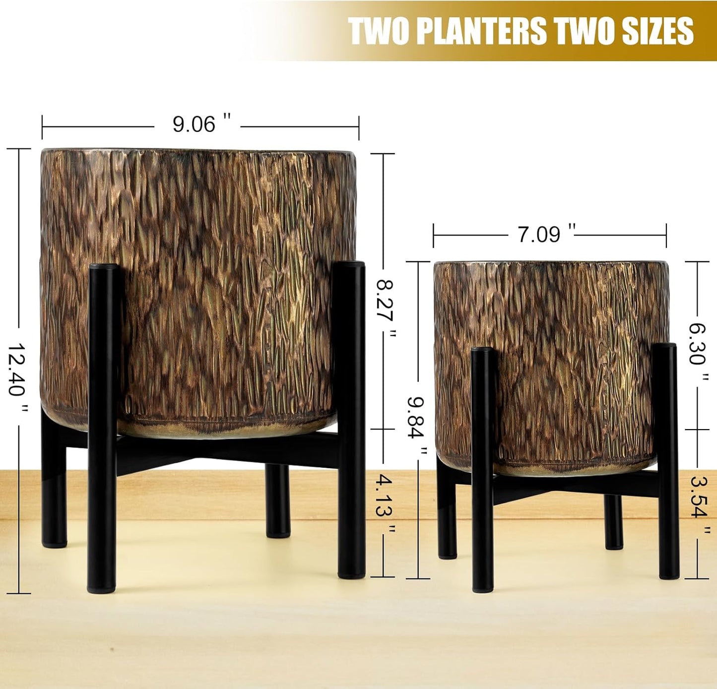 Harvest Land Plant Pots with Stand, Set of 2 Large Modern Planters Metal Tall Handmade Flower Pots with Drainage Holes Indoor Outdoor,Bronze