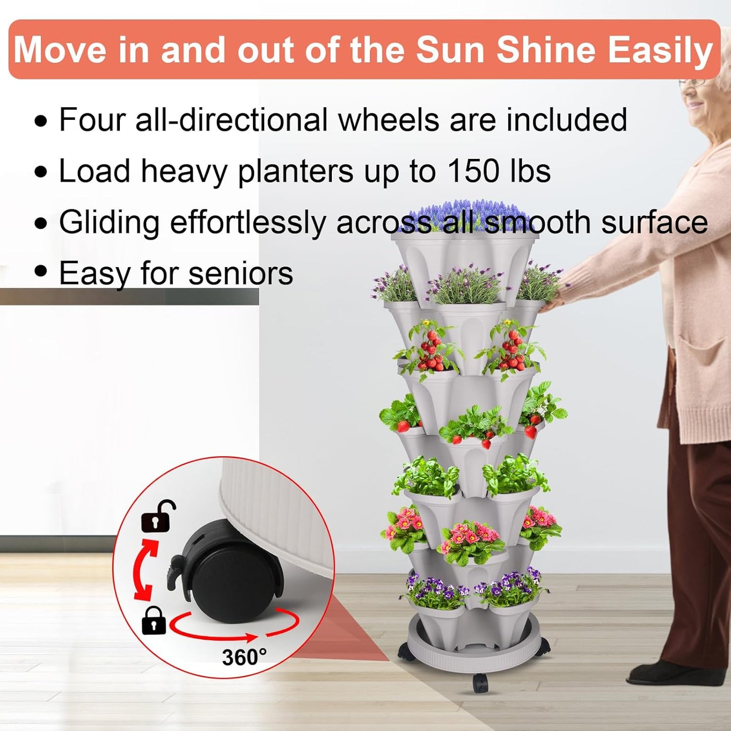 DUNCHATY Stackable Planter with Removable Wheels and Tools, Garden Planting Tower Planters, Indoor Outdoor Gardening Pots - 7 Tier Vertical Garden Planter