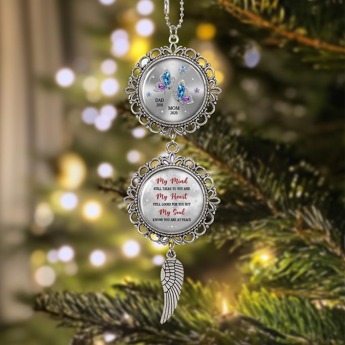Memorial Car Rearview Ornament with Custom Names - My Mind Still Talks to You with Wing Charm Christmas Ornament Car Mirror Hanging Accessories Grieving Remembrance Sympathy Gift for Loss