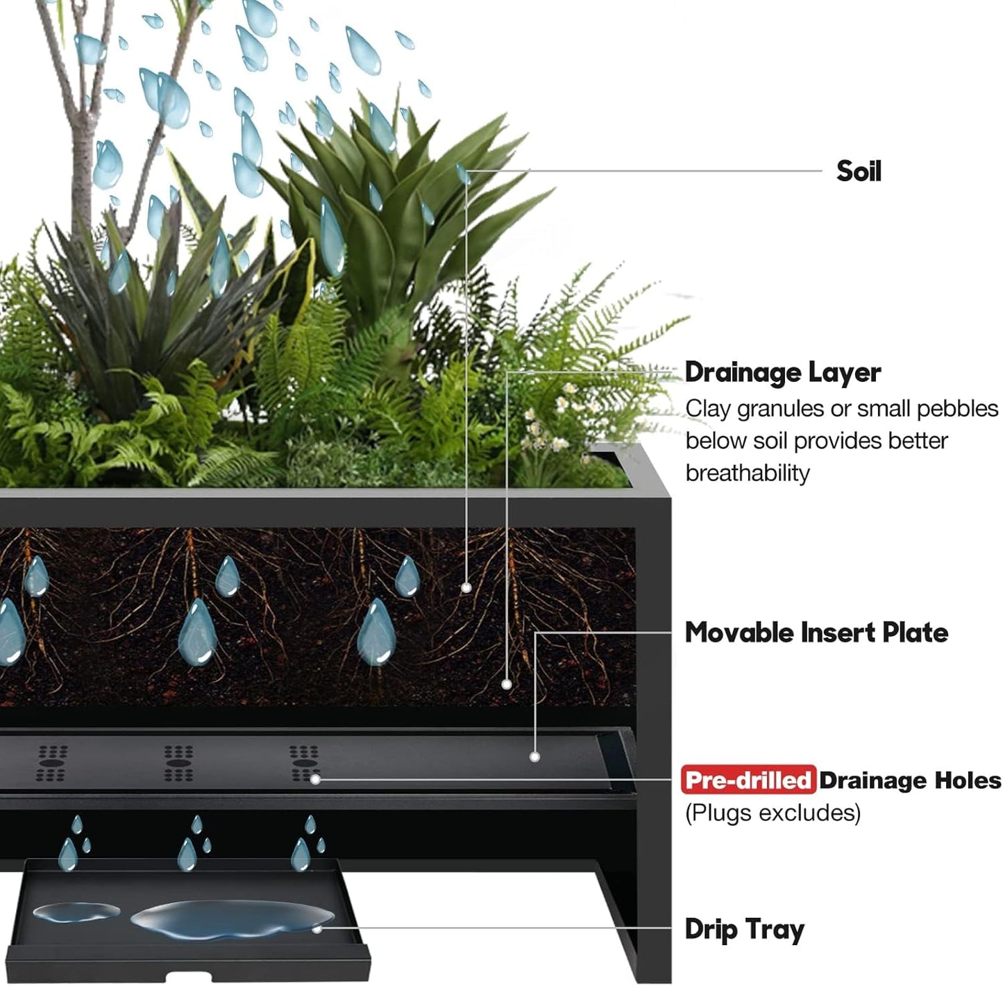 Worth Garden Metal Rectangular Planter Box - Black Powder Coated Steel Planter - 16" H. Tall Heavy Duty Modern Flower Plant Pot - Indoor & Outdoor, Commercial & Residential (16"x12"x36")