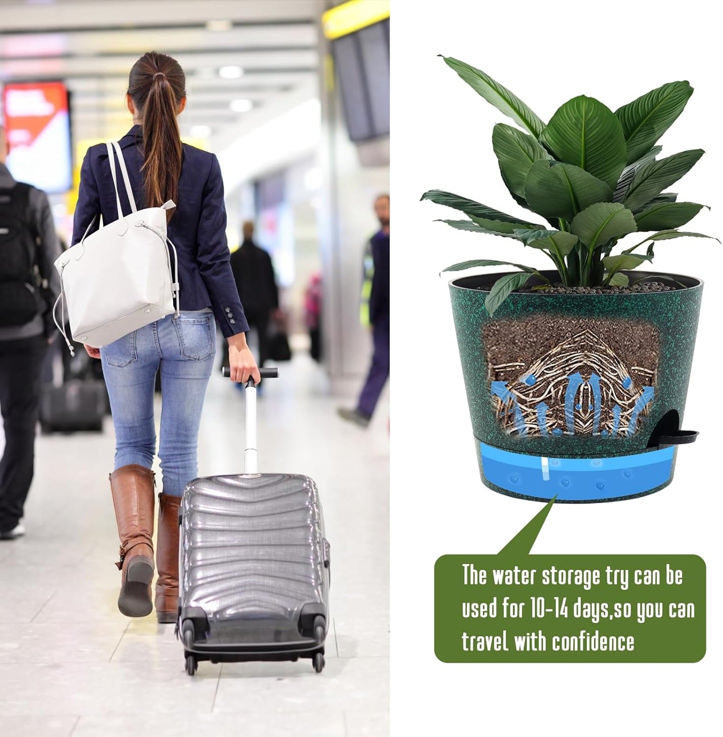 Self Watering Pots for Indoor Plants,12 inch Planters with Drainage Holes Plastic Flower Pots with Deep Reservoir, Black with Green Speckles