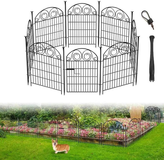Tall Garden Fence Animal Barrier with Gate, 32 in(H) 8 Panels Garden Fences and Borders for Dogs, Dog Fence Outdoor for Yard, Total Length 17.5 Ft Metal Temporary Fencing│Patented