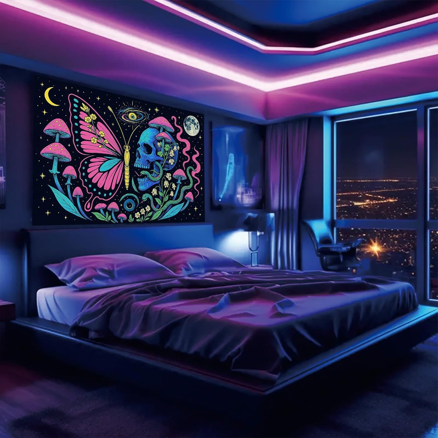 Starlit Patio Butterfly Skull Blacklight Tapestry UV Reactive Wall Hanging Mushrooms Snake and Cosmic Moon for Bedroom Dorm Living Room Glowing Psychedelic Decor Fluorescent Trippy Poster 78 x 59 Inch