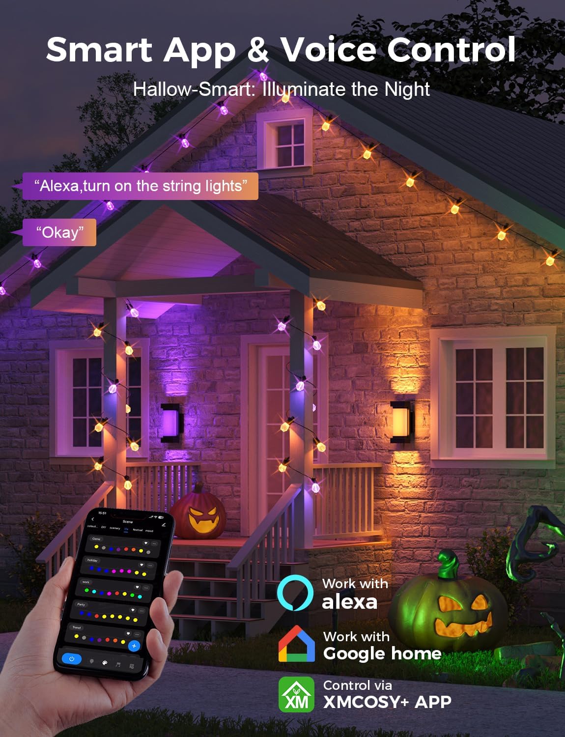 XMCOSY+ 48FT Smart Outdoor String Lights - RGBCWIC Dimmable Acrylic Bulbs, Color Changing LED Patio Lights APP WiFi Control, Compatible with Alexa, IP65 Waterproof Outside Lights for Yard Porch