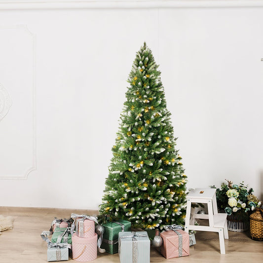 Naomi Home 6.5ft White Tip Christmas Tree with Lights, Realistic Light Snow Flocked Fir Prelit with 1292 Branch Tips, 350 Warm Lights and Metal Stand, Aritificial Tree