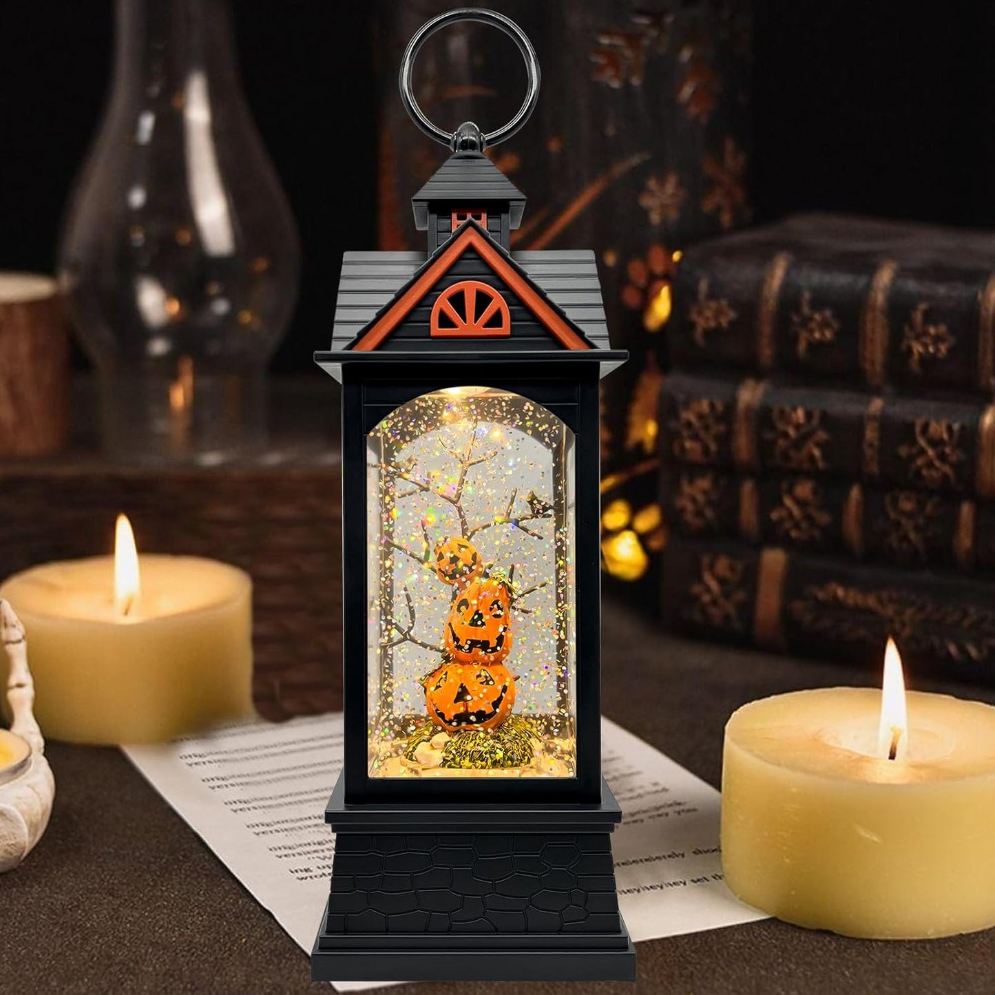 Halloween Snow Globe Lantern with 6 Hour Timer,Halloween Decorations Indoor for Home,Halloween Decor,USB or Battery Powered for Halloween Lanterns,Halloween Pumpkin Lantern