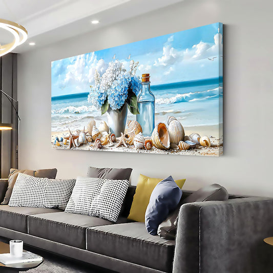 LASMOND Romantic Beach Wall Art for Living Room Blue Shells Conch Vase Canvas Prints Modern Large Flower Bottle Bedroom Ocean Artwork Decor (46x23 Inches)