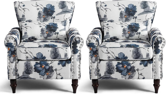 Wingback Accent Chair with Removable Pillow, High Back Floral Armchair with Solid Wood Legs & Nailhead Trim, Comfy Upholstered Reading Single Sofa Chair for Bedroom (2, Ink Blue Pattern)