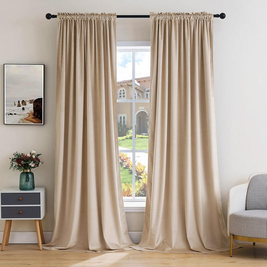 MIULEE Camel Beige Velvet Curtains Thermal Insulated Blackout Curtain Drapes for Bedroom Living Room Darkening 72 Inches Long Curtains Panels Rod Pocket Set of 2
