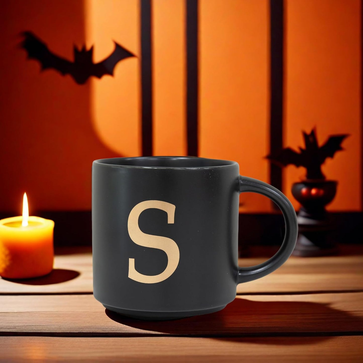 COLLECTIVE HOME - Monogram Ceramic Mugs, 15 oz Golden Initial Black Coffee Cups, Elegant Alphabet Tea Mugs, Elegant Personalized Mug with Gift Box, Unique Mug with Double Side Capital Lette (S)