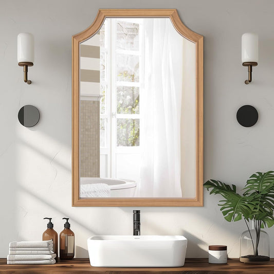WallBeyond Scalloped Wood Mirror for Small Bathroom Vanity 20x30 Inch Rectangle Wall Mirror Decor for Hallway Bedroom Living Room Home (Honey-Colored)