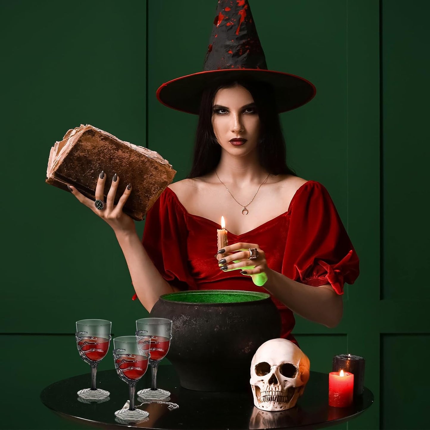 Dandat 6 Pcs Halloween Skeleton Hand Goblets 12oz Clear Plastic Halloween Cups Skull Wine Glass Set for Creepy Spooky Party Decorations (Black)