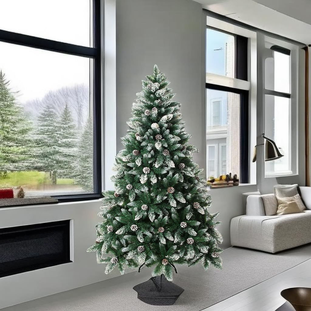 Artificial Christmas Tree 5/6/7/7.5 Foot Flocked Snow Trees with Pine Cone Decoration Unlit