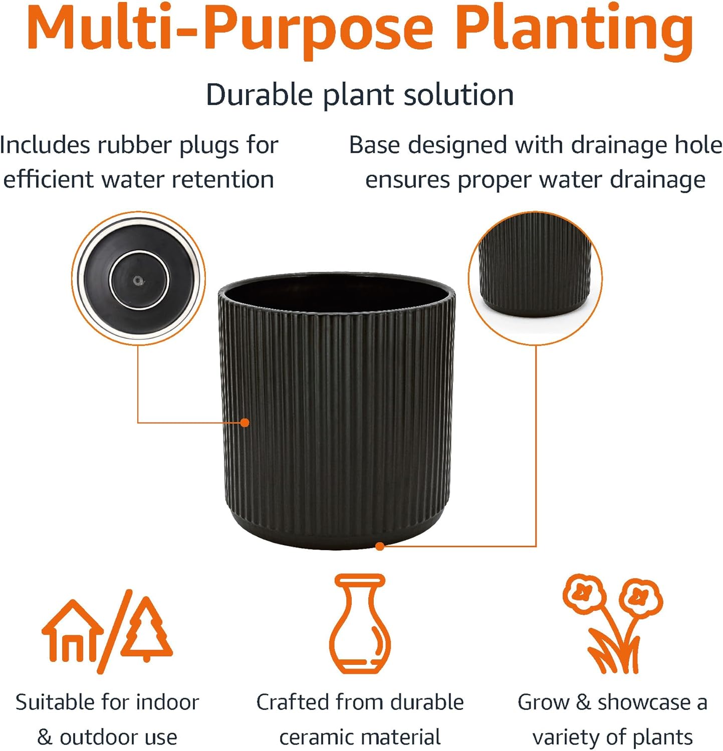 Amazon Basics Fluted Ceramic Round Planter, 10-inch, Black