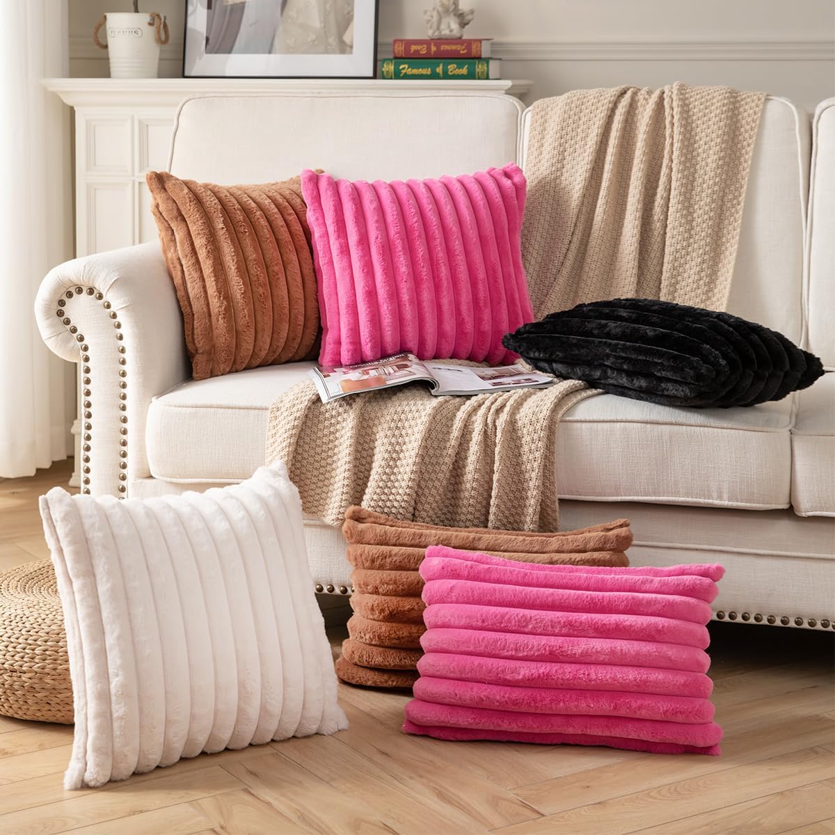 DEELAND Pack of 2,Double-Sided Faux Fur Plush Decorative Throw Pillow Covers Fuzzy Striped Soft Pillowcase Cushion Covers for Sofa Couch Bedroom Brown 26x26 inch