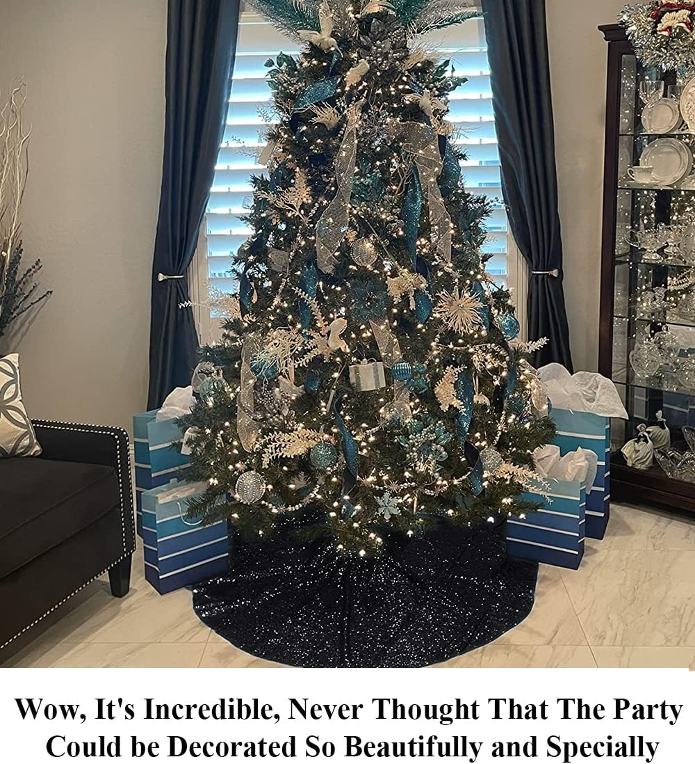 Partisout 48 Inch Black Sequin Christmas Tree Skirt - Glitter Holiday Decor for Xmas, Halloween, Winter Parties