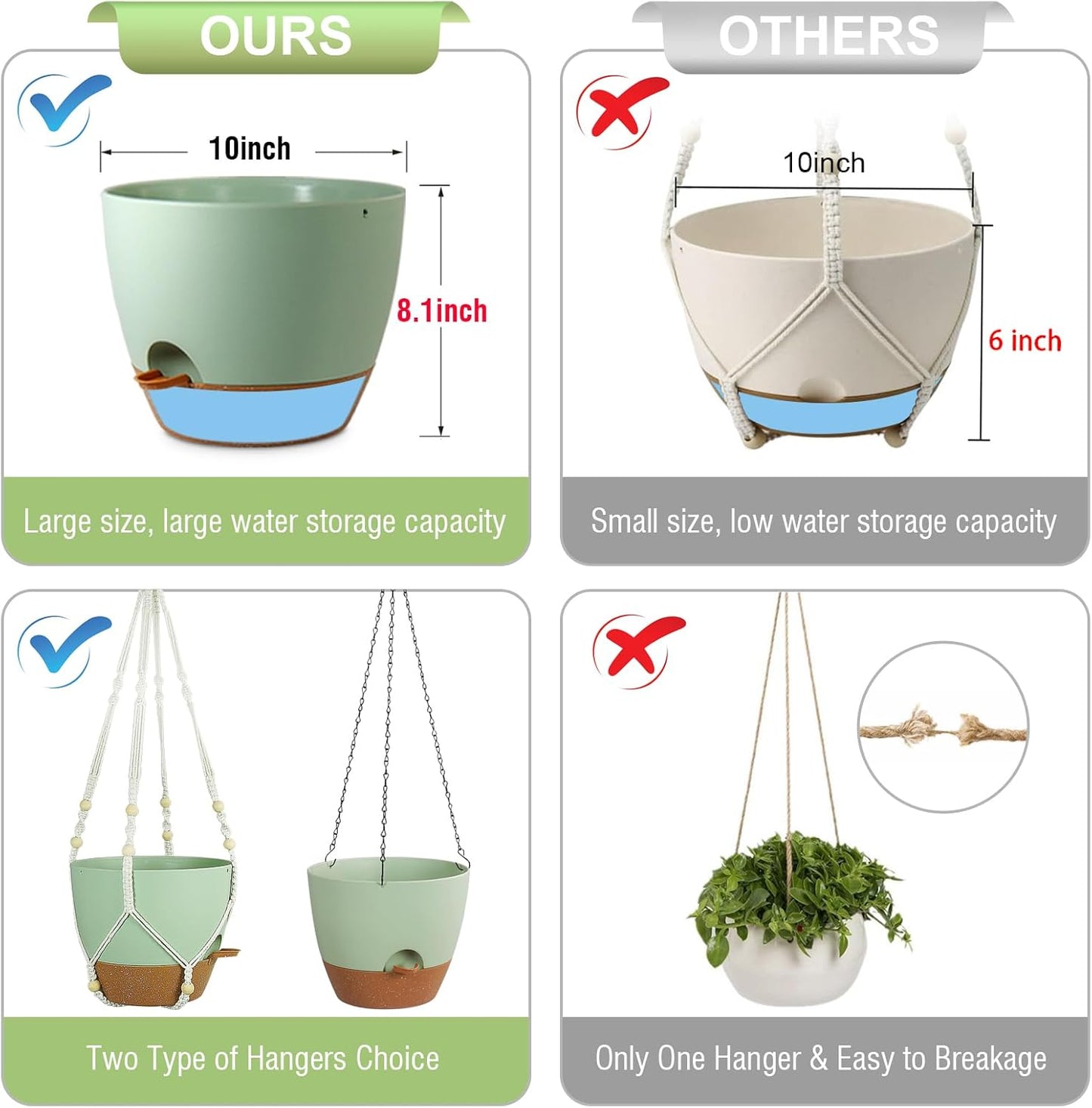 10 inch Self Watering Hanging Planters for Indoor Plants, 2 Pack Hanging Baskets for Outdoor Plants, Hanging Flower Pots with Drainage Holes & 2 Kinds of Plant Hangers for Home Decor, Green