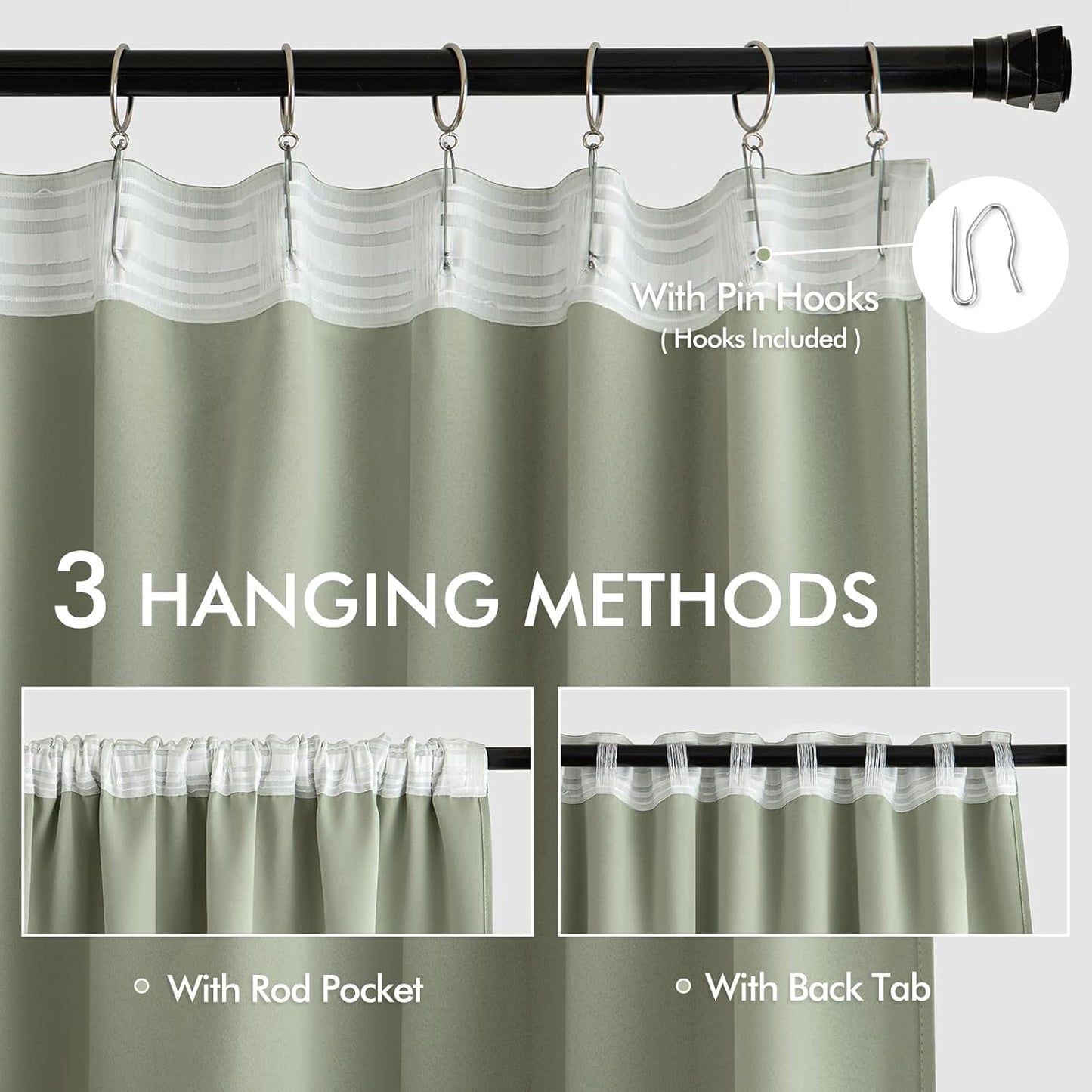 MIULEE Sage Green Back Tab Blackout Curtains 84 Inch Length 2 Panels Set for Living Room Bedroom Privacy, Rod Pocket/Pinch Pleated Thermal Insulated Room Darkening Light Blocking Drapes, W66xL84