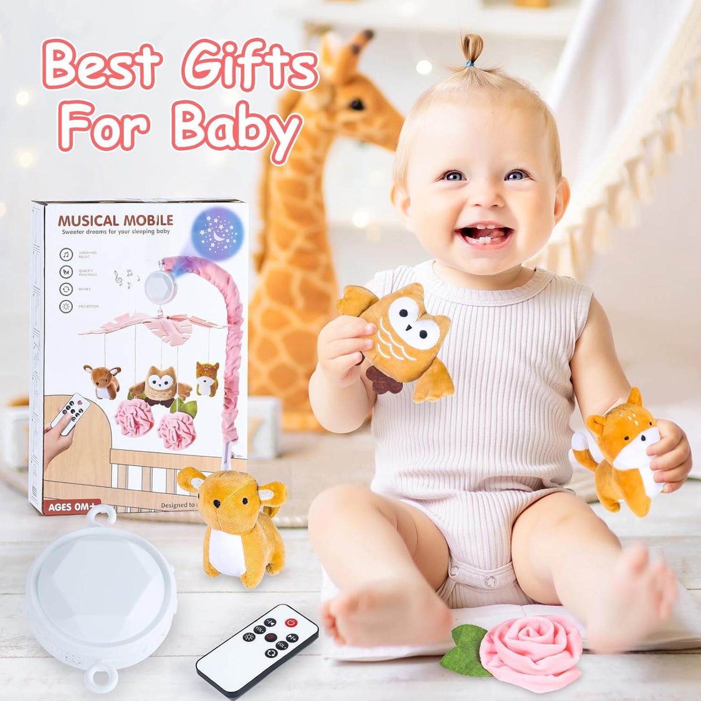 Baby Crib Mobile with Music and Lights, Mobile for Crib with Remote Control, Rotation, Starlight Projection, Crib Toys for Babies Boys Girls(Pink)