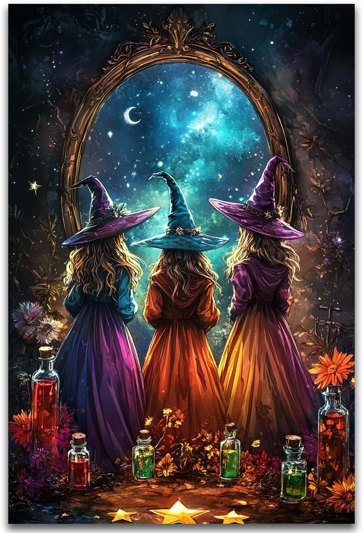 Witch Poster Halloween Fall Wall Art Decor,Three Witches with Magic Potion Mirror Colorful Vintage Print,Dark Academia Spooky Canvas Art Prints for Home Living Room,16"x24" Unframed