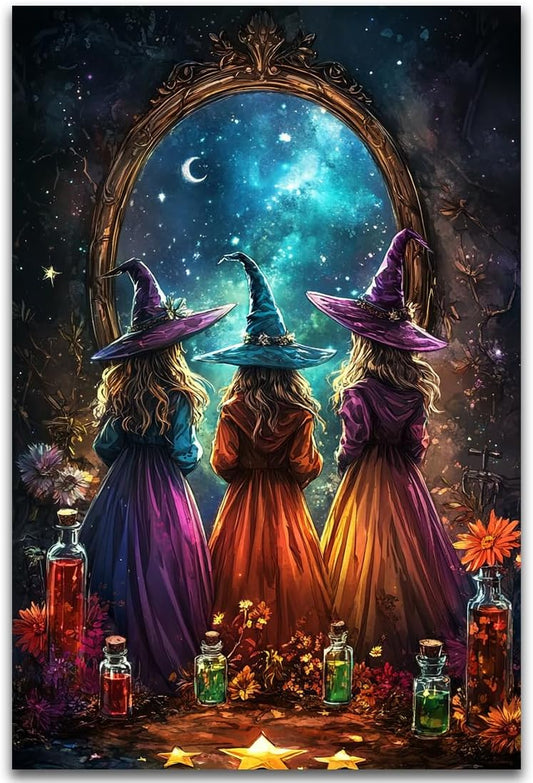 Witch Poster Halloween Fall Wall Art Decor,Three Witches with Magic Potion Mirror Colorful Vintage Print,Dark Academia Spooky Canvas Art Prints for Home Living Room,24"x36" Unframed