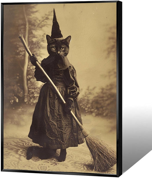 Halloween Decor Posters Black Cat Witch Canvas Wall Art Vintage Spooky Print Of Gothic Room Family Dark Academia Decorations Creepy Picture Poster Aesthetic 24X36inch Aluminum Framed