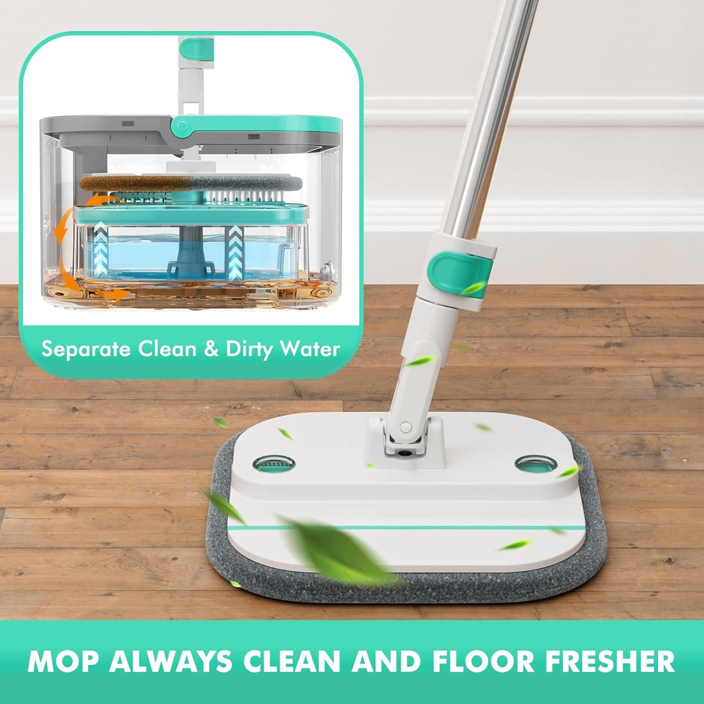 Upgraded Spin Mop and Bucket Self-Standing Mop Bucket Separate Dirty and Clean Water System Self Wringing 360° Rotating Clean Mop and Bucket Set with14Pads Mop-Blue