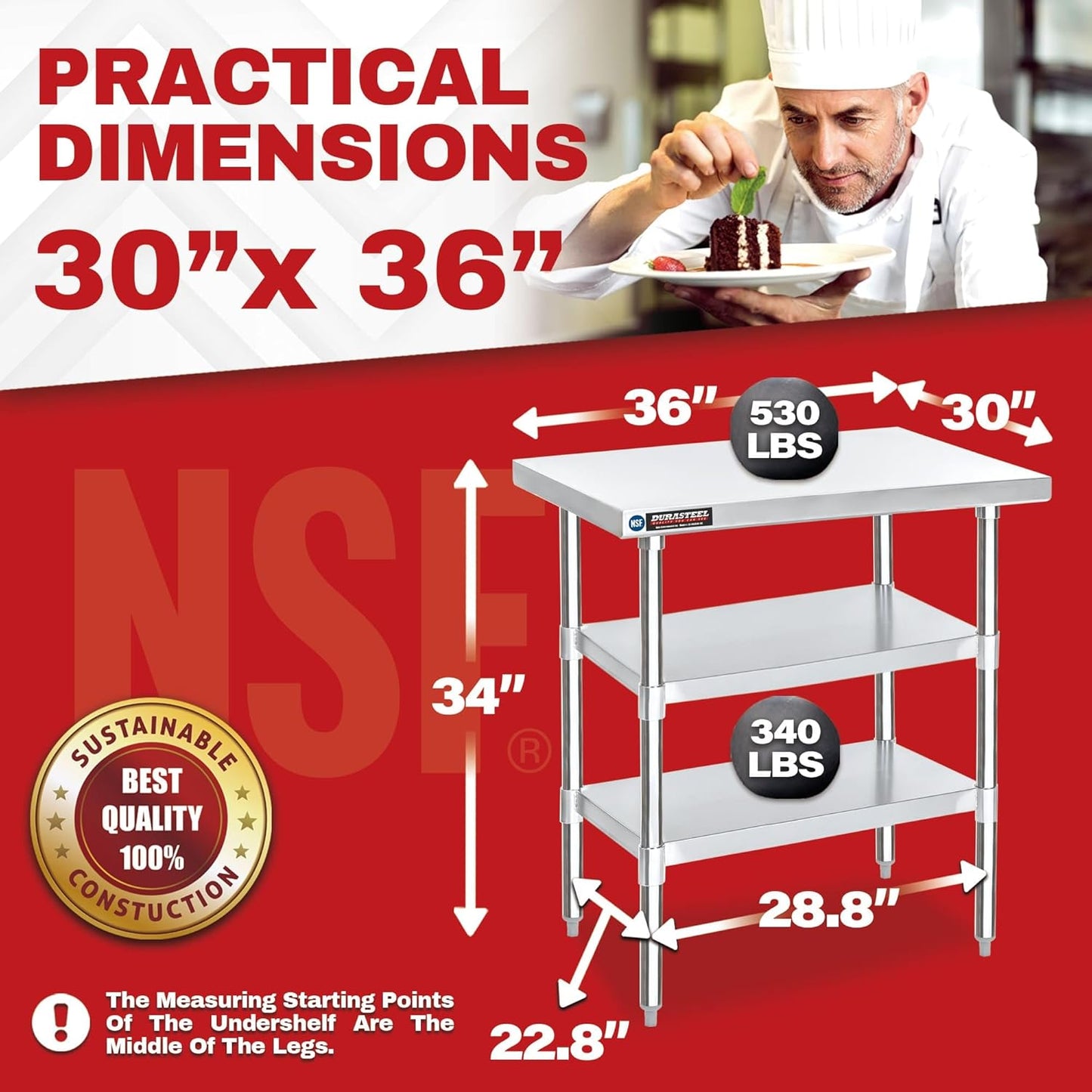 DuraSteel Food Prep Stainless Steel Table - 30 x 36 Inch Commercial Metal Workbench with Adjustable Under Shelf - NSF Certified - for Restaurant, Warehouse, Home, Kitchen, Garage