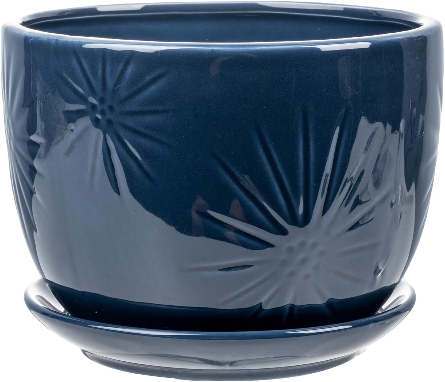 MyGift 7 Inch Round Blue Ceramic Plant Pot with Drainage Hole and Attached Saucer, Modern Decorative Embossed Sunburst Planter Container for Indoor Home Garden