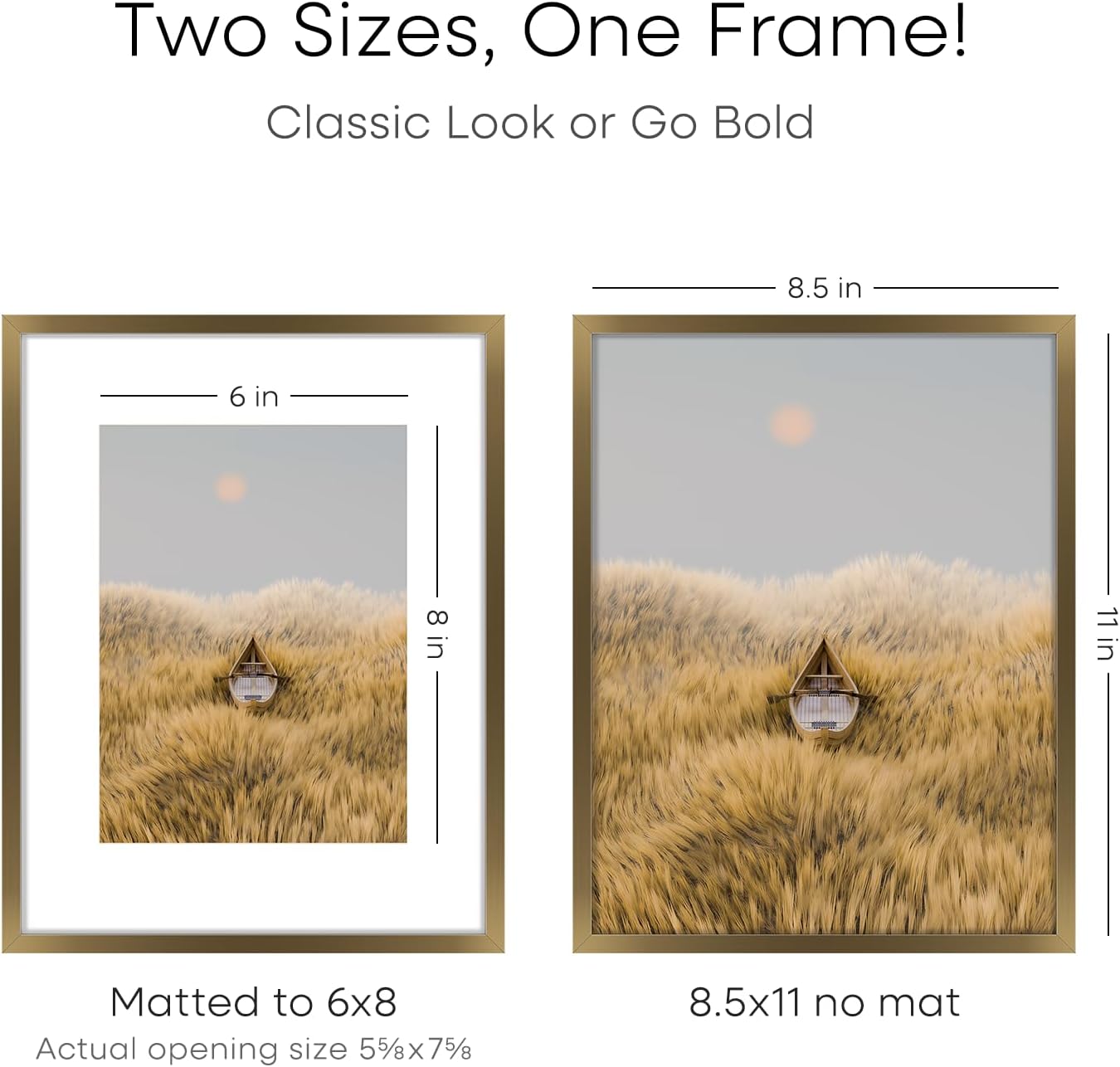 Homeforia 8.5x11 Picture Frame Bronze, High End Metal Brass Frame 8.5 x 11 with Mat 6 by 8 Photo, 11x8.5 Frames Matted to 6x8 Print, 8.5by11 Wall or Tabletop Frames, Tempered Glass, Wall Kit, Set of 1