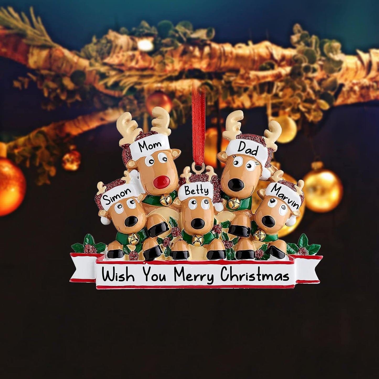 Personalized Deer Christmas Ornaments 2025 Family of 2,3,4,5,6,7,8 Custom Name Reindeer Xmas Ornament with Text,Customized Christmas Decoration Gifts - Family of 5