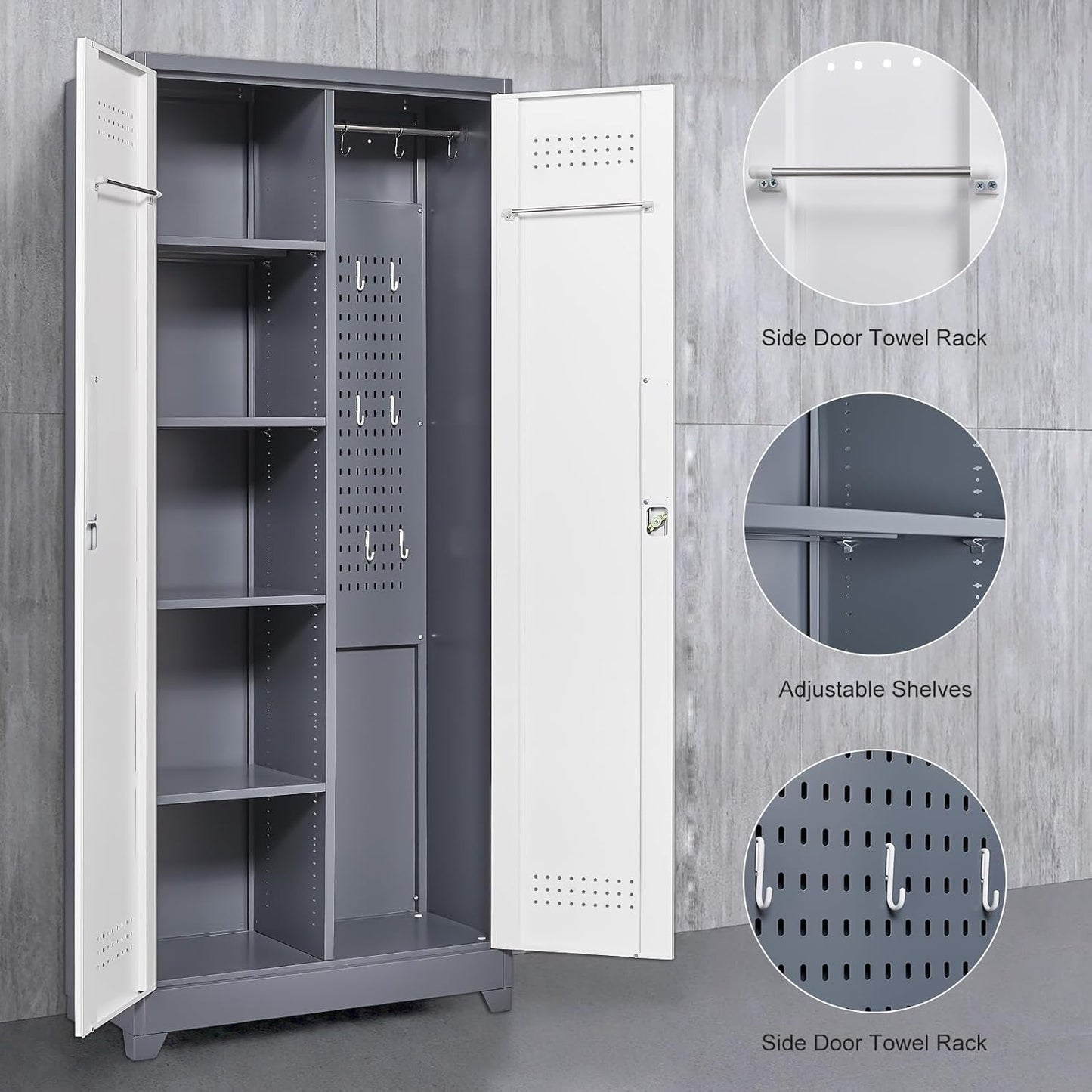 Garage Storage Cabinet,Broom Closet with Lock,Locking Cabinets with Hanging Rod & S-Hooks for School,Garage,Grey-White