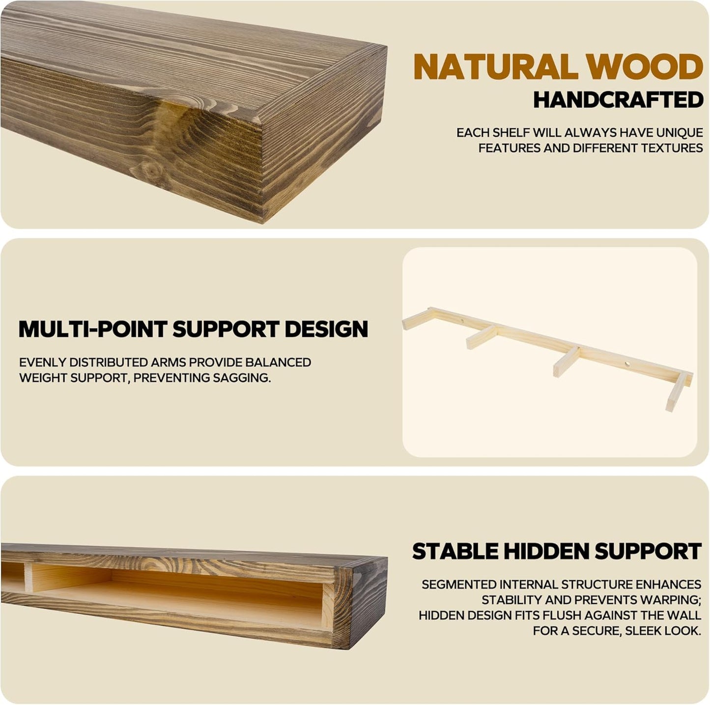 Floating Shelves 3 inch Thick for Wall Set of 2,Solid Pine Wood Wall Mount Shelf for Kitchen Living Room Bedroom Bathroom,8" D x 48" L x 3" H-Black Walnut