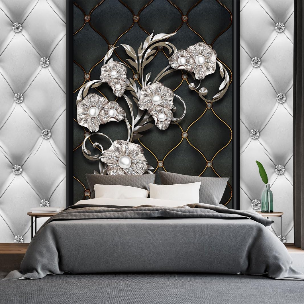 Black and White 3D Diamond Soft Case Faux Leather Wall Mural Wallpaper for Bedroom Living Room Tv Background (Not Peel and Stick)