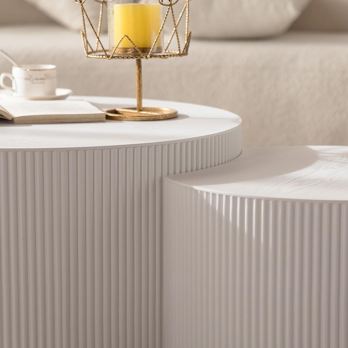 Round Nesting Coffee Table White Round Fluted Coffee Table Set of 2 for Living Room Small Circle Drum Coffee Tables Crescent End Table (White A 27in)